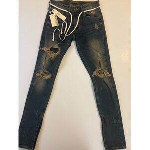 NWT Men's KDNK Tin DK Blue Ripped Comfort Stretch Skinny Tapered w/Zipper Sz 30